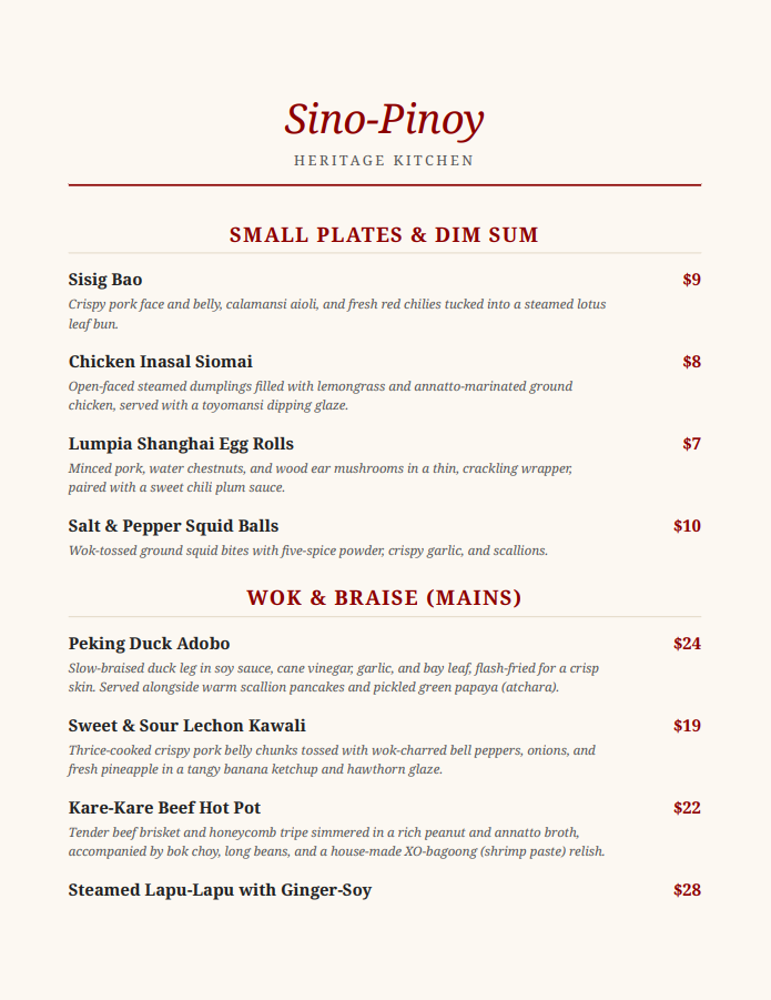 Printed paper menu, page 1