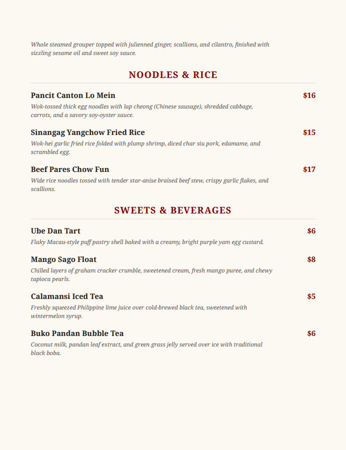 Printed paper menu, page 2